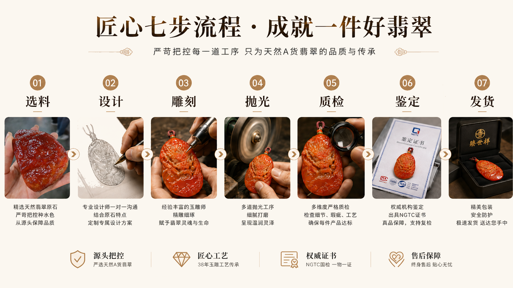 匠心七步流程：选料、设计、雕刻、抛光、质检、鉴定、发货